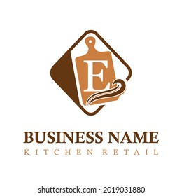 Modern Initial Letter E Kitchen Equipment Retail Business Logo Concept Idea with Cutting Board. Kitchen Set Store Business Logo Template