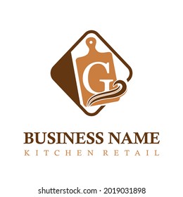 Modern Initial Letter G Kitchen Equipment Retail Business Logo Concept Idea with Cutting Board. Kitchen Set Store Business Logo Template