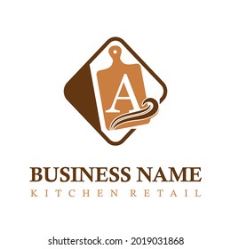 Modern Initial Letter A Kitchen Equipment Retail Business Logo Concept Idea with Cutting Board. Kitchen Set Store Business Logo Template
