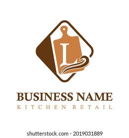 Modern Initial Letter L Kitchen Equipment Retail Business Logo Concept Idea with Cutting Board. Kitchen Set Store Business Logo Template