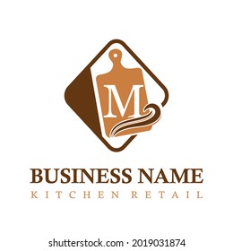 Modern Initial Letter M Kitchen Equipment Retail Business Logo Concept Idea with Cutting Board. Kitchen Set Store Business Logo Template