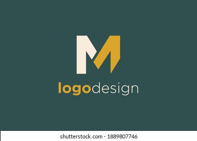 Modern Initial Letter M Logo. Gold and White Geometric Shape M Letter isolated on Green Background. Usable for Business and Branding Logos. Flat Vector Logo Design Template Element.