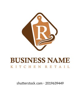 Moderna Letra inicial R Equipo de cocina Idea de concepto de logotipo comercial comercial con placa de corte. Plantilla de logotipo comercial de la tienda KitchSet
