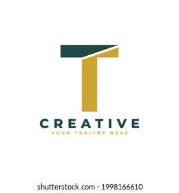 Modern Initial Letter T Logo. Gold and Green Geometric Shape. Usable for Business and Branding Logos.