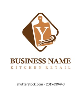 Modern Initial Letter Y Kitchen Equipment Retail Business Logo Concept Idea with Cutting Board. Kitchen Set Store Business Logo Template