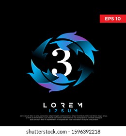 modern initial number 3 feather logo. clean icon, template design