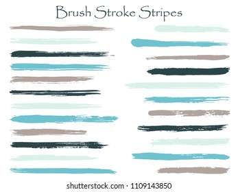Modern ink blue brush stroke stripes vector set, horizontal marker or paintbrush lines patch. Hand drawn watercolor paint brushes, smudge strokes collection. Interior colors guide book samples.