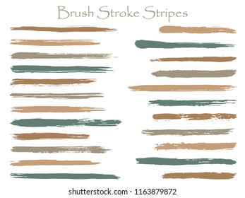 Modern ink brush stroke stripes vector set, brown horizontal marker or paintbrush lines patch. Hand drawn watercolor paint brushes, smudge strokes collection. Vector ink traces, color combinations.