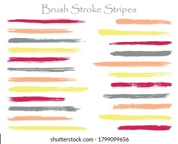 Modern ink brush stroke stripes vector set, cherry yellow marker or paintbrush lines patch. Hand drawn watercolor paint brushes, smudge strokes collection. Interior colors guide book elements.