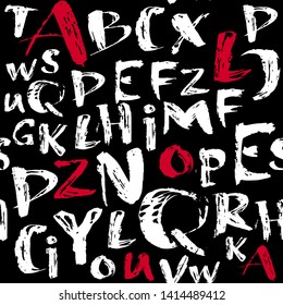 Modern ink letters abstract seamless vector background. Grange letters background. Red and White letters on black.