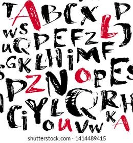 Modern ink letters abstract seamless vector background. Grunge letters background. Red and black letters on white.