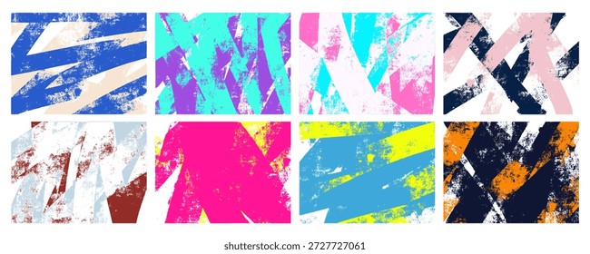coleção de papel de parede de pincel de rolo de tinta moderna. Cartazes de tarja diagonal brilhante com ruído xerox linocut desgastado. Bg kit abstrato moderno