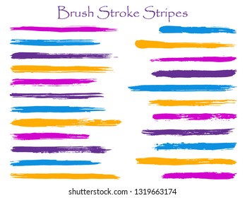 Modern ink violet brush stroke stripes vector set, horizontal marker or paintbrush lines patch. Hand drawn watercolor paint brushes, smudge strokes collection. Vector ink color palette samples.