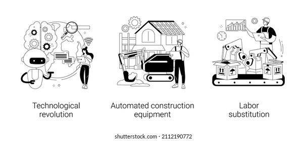 Modern innovation abstract concept vector illustration set. Technological revolution, automated construction equipment, labor substitution, smart machinery, robotics process abstract metaphor.