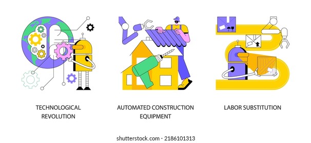 Conjunto de ilustración vectorial de concepto abstracto de innovación moderna. Revolución tecnológica, equipo de construcción automatizado, sustitución de mano de obra, maquinaria inteligente, metáfora abstracta de procesos robóticos.