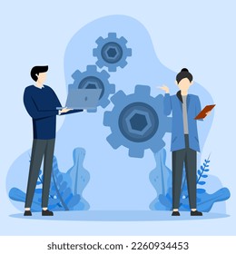 Modern innovation business meeting vector illustration, teamwork concept, gears, gears, mechanic, work plan, collaboration between businessmen. Business meeting and brainstorming. concept for teamwork