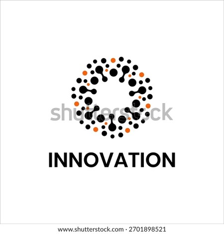 Modern innovation logo design with circular molecular pattern in black and orange, symbolizing technology, science, creativity, connection, and digital network concept