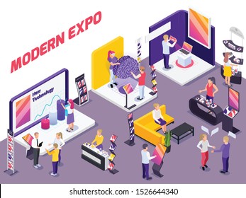 Modern innovative technology products exhibition show promotion stands with visitors assistants potential buyers isometric composition vector illustration 