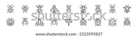 modern insects icon pack. perfect for linear ui designs featuring vector bedbug, mite, insect, ladybug, dragon fly, spider, moth and more icons for mobile and web apps.