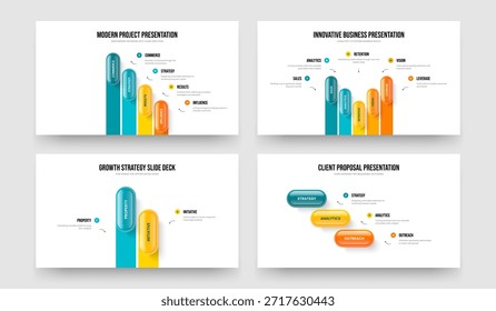 Modern Insight 4 5 2 3 Option Infographic Slideshow Layout Set. Finanzstrategie Vier Fünf Zwei Drei-Elemente-Diagramm Präsentationsvorlage Vektorgrafik-Paket.