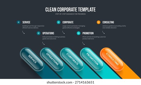Plantilla de presentación de diapositivas de diagrama de cinco elementos de Insight Modern. Proyecto Campaña 5 Opción Infografía Diseño de Marco. Ilustración vectorial de diseño de diapositiva de informe creativo.