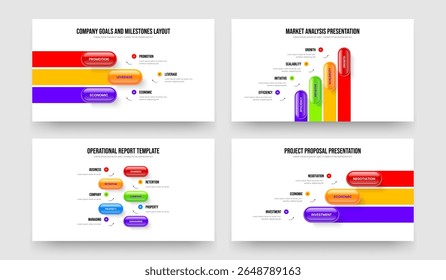 Modern Insight Three Four Five Three Option Diagram Slide Template Vector Illustration Set. Sales Profile 3 4 5 3 Element Infographic Slideshow Design Collection.