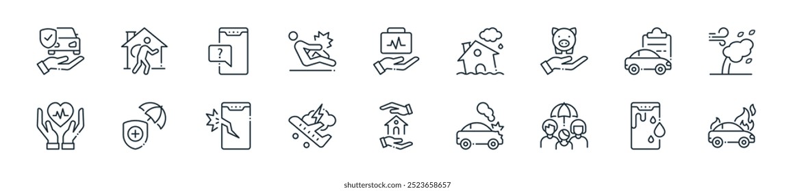 modern insurance icon pack. perfect for linear ui designs featuring vector accident, mobile, family, car accident, home, flight, mobile and more icons for mobile and web apps.