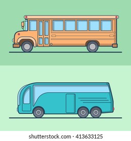 Modern Intercity School Bus Retro Vintage Schoolbus Public Transport Set. Linear Stroke Outline Flat Style Vector Icons. Color Outlined Icon Collection.