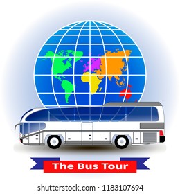 Modern intercity or tourist bus on a globe background. Vector illustration. Trendy concept of a bus tour around the world for infographic, catalogs, information, travel, website, app, UI, social media