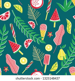 modern interesting pattern with citrus, pink leaves, lemon, grapefruit, aruzom, pear, various tasty ice-creams on a stick. Everyone wants to eat. Seamless pattern for paper, wrapping, fabrics, wallpap