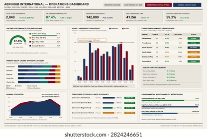 Modern interface displaying airport performance metrics, passenger throughput, and flight movement analytics for aviation management.