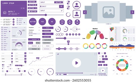 A modern interface kit with buttons, graphs, and elements for creating web applications and dashboards, ideal for business, statistics, and finance.