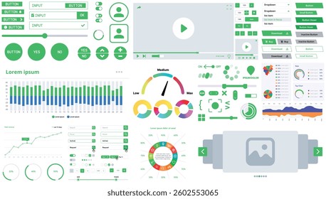 A modern interface kit with buttons, graphs, and elements for creating web applications and dashboards, ideal for business, statistics, and finance.