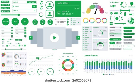 A modern interface kit with buttons, graphs, and elements for creating web applications and dashboards, ideal for business, statistics, and finance.