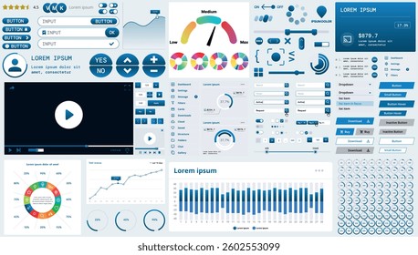 A modern interface kit with buttons, graphs, and elements for creating web applications and dashboards, ideal for business, statistics, and finance.