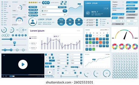 A modern interface kit with buttons, graphs, and elements for creating web applications and dashboards, ideal for business, statistics, and finance.