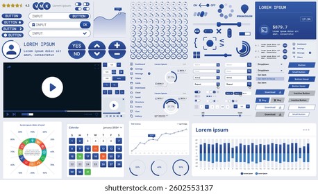 A modern interface kit with buttons, graphs, and elements for creating web applications and dashboards, ideal for business, statistics, and finance.