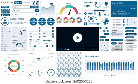 A modern interface kit with buttons, graphs, and elements for creating web applications and dashboards, ideal for business, statistics, and finance.