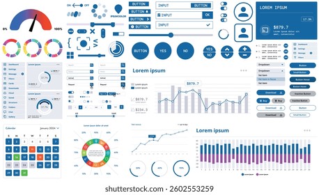 A modern interface kit with buttons, graphs, and elements for creating web applications and dashboards, ideal for business, statistics, and finance.