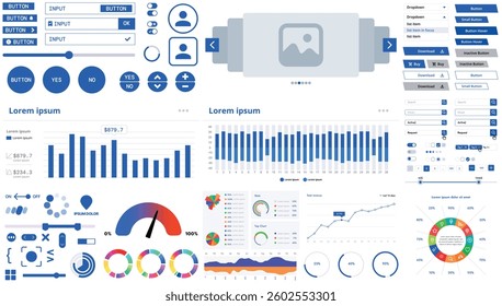 A modern interface kit with buttons, graphs, and elements for creating web applications and dashboards, ideal for business, statistics, and finance.