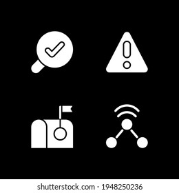 Modern interface white glyph icons set for dark mode. Error message for application user. Smartphone menu. Silhouette symbols on black background. Vector isolated illustration bundle