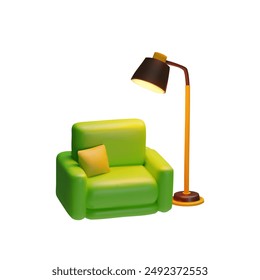 Modern interior 3d icon vector illustration of a green armchair with a yellow pillow and an orange floor lamp. Cozy furniture icon set in a stylish, colorful design.