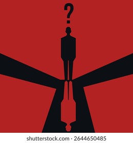 Modern interior art. Agony of choice theme. Choosing a path.  Vector illustration of silhouette of a man at a crossroads and a question mark. EPS 10