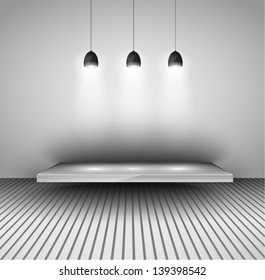 Diseño moderno de cuadros de arte en galería con focos. Estante, foco con luz direccional, sombras delicadas y fondo limpio.