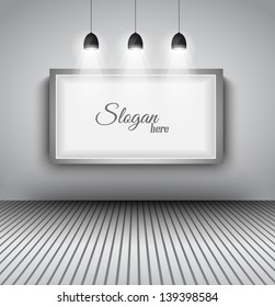 Modern interior art gallery frame design with spotlights. Shelf, spotlight with directional light, delicate shadows and clean background.