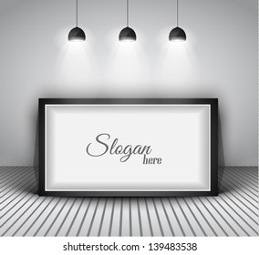 Modern interior art gallery frame design with spotlights. Shelf, spotlight with directional light, delicate shadows and clean background.
