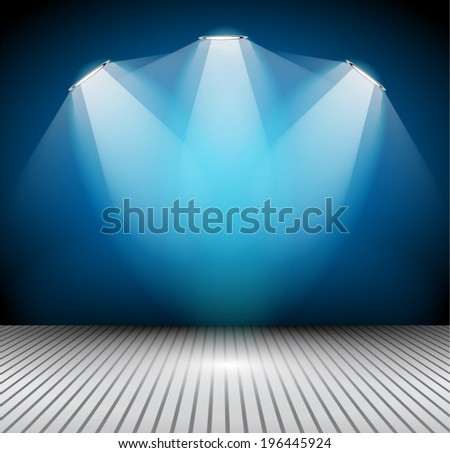 Modern interior art gallery frame design with spotlights. Shelf, spotlight with directional light, delicate shadows and clean background.
