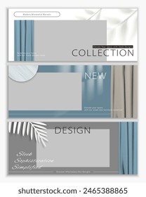 Modern interior banners with curtain and leaf decors isolated on light grey background.