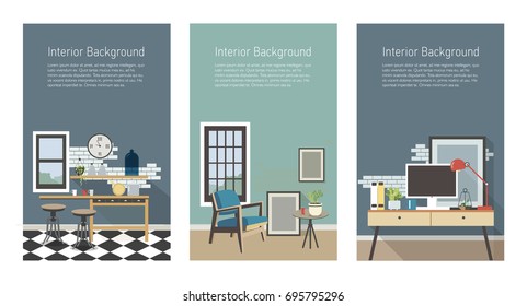 Modern interior banners set. Kitchen, living room, workplace in loft style. Colorful flat vector vertical templates with place for text