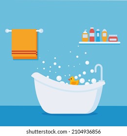 Modern interior of bathroom and toilet, and washing machine. Flat vector illustration.